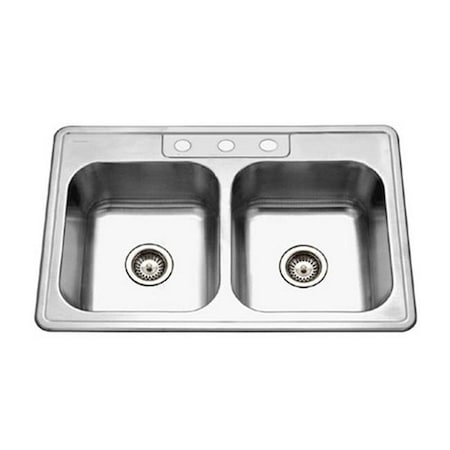 Houzer Houzer 3322-8BS3-1 8 in. Deep Glowtone Series Topmount Stainless Steel 3 Hole 50 & 50 Double Bowl Kitchen Sink 3322-8BS3-1